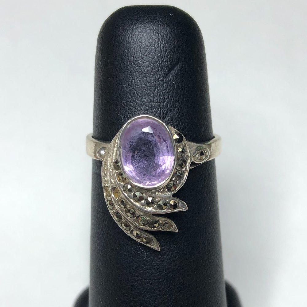 Amethyst Gemstone and Marcasite in a Sterling Ring